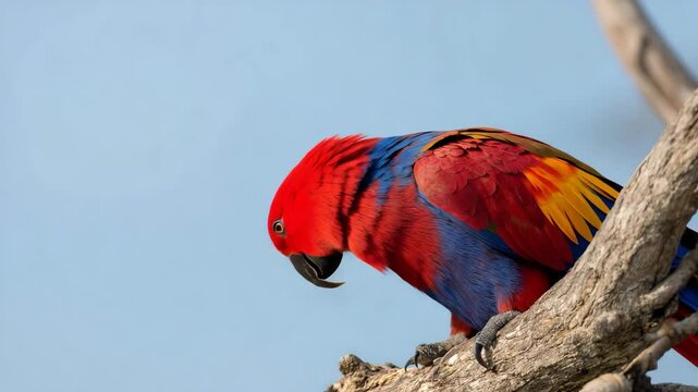 A mesmerizing red parrot stands proudly on a branch, showcasing its vibrant plumage, exotic charm, and is a symbol of wildlife beauty within its natural environment.