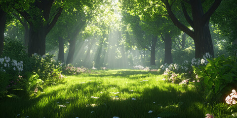 Obraz premium serene forest scene with sunlight filtering through trees, illuminating lush green pathway adorned with flowers. atmosphere is tranquil and inviting, perfect for peaceful retreat