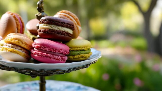 An exquisite arrangement of colorful macarons on a decorative stand invites sweetness and elegance, representing culinary artistry, indulgence, and delightful treats for all occasions.