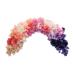 Png of A vibrant gradient of artificial flowers in shades of pink, purple, and white arranged in a beautiful arc.