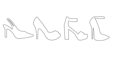 High heel woman shoe graphic icons set. Signs stiletto heels footwear isolated on white background. 