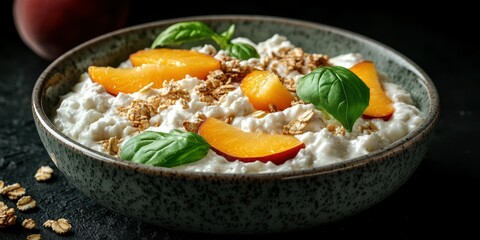 Delicious bowl of cottage cheese topped with peach slices, granola, and fresh basil on a dark background