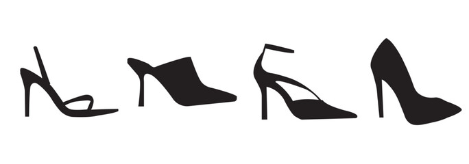 Set of high heels icon, silhouette, outline, vector, illustration, isolated on a white background . 