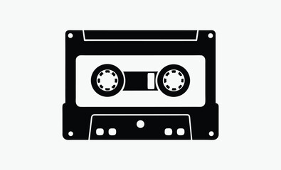 Cassette tape silhouette, retro audio icon, vintage music media, black tape illustration, old school cassette design