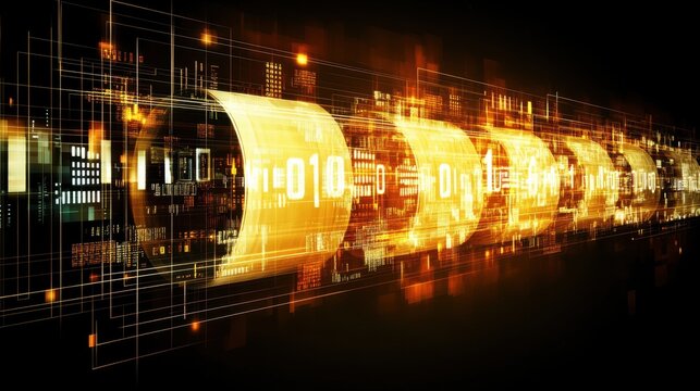 Abstract digital technology background with flowing binary code and glowing circuit elements for modern designs