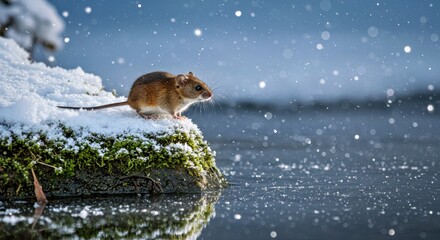 Tiny mouse standing alert on a frosty rock in moonlit water,