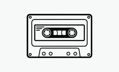 Cassette tape silhouette, retro audio icon, vintage music media, black tape illustration, old school cassette design