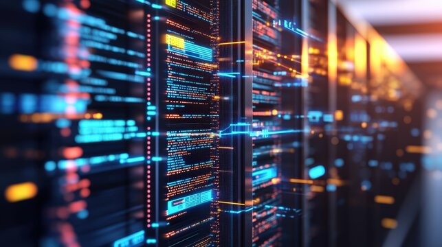 Inside view of a server room filled with running computer equipment and flashing lights displaying lines of complex computer code patterns.