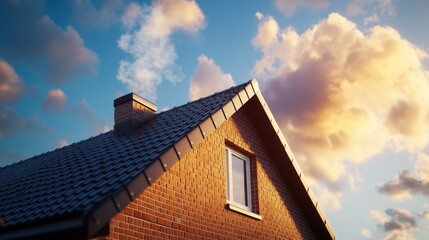 The roof of a red brick home features a chimney and white window against a vibrant blue sky with puffy white clouds in the late afternoon sunlight.