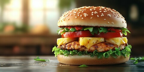 Juicy grilled chicken burger with fresh toppings and pineapple served on a rustic wooden table