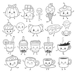 Vector illustration of cute desserts, coffee cups, bubble tea, and sweets in line art