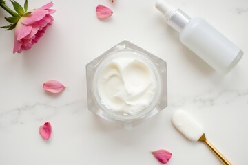 Elegant Beauty Product Scene with Cream and Fresh Flowers