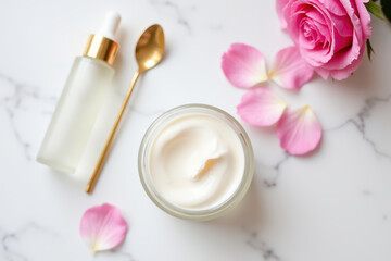 Luxurious Beauty Product with Rose Petals on Marble Surface