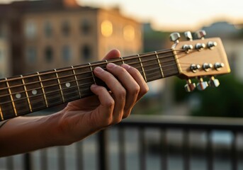 Man playing acoustic guitar strings outdoors, closeup view of hand on fretboard. Hobby, performance, and practice on a musical instrument, World Music Day concept.