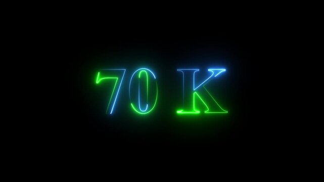 glowing neon 70K text animation on black background. 70k Followers Celebration text animation effect.