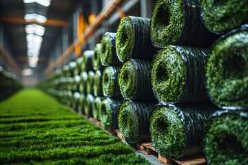 Artificial Grass Rolls in Factory Warehouse for Commercial Landscaping Projects