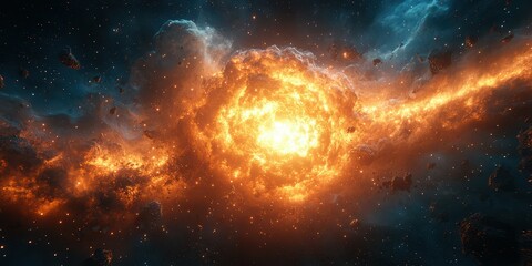 Vibrant cosmic explosion illuminates dark space with fiery hues and swirling gases