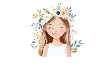 Charming cartoon girl with floral crown, smiling joyfully, surrounded by delicate flowers and leaves, radiating happiness and warmth