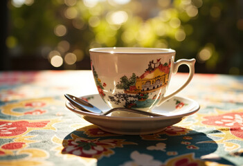 Fototapeta premium Elegant tea cup with saucer on a colorful tablecloth, softly blurred background