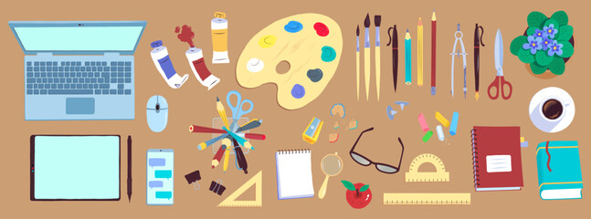 Vector illustration of artistic and office tools on desk including laptop, pencils, paint, and coffee. Flat colorful isolated objects.