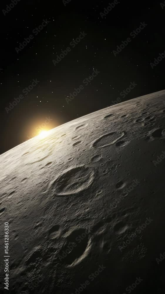 Poster sunlight is illuminating the craters on the moon surface with a starry black sky in the background, 