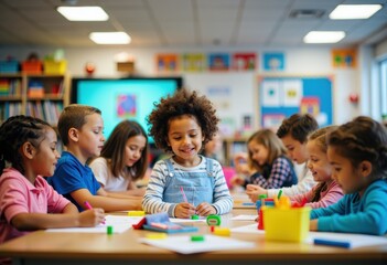 Fototapeta premium Children engaged in creative activities at a colorful classroom table