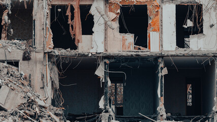 ruined street and destroyed houses in Ukraine