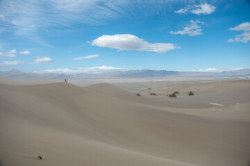 A lone hiker walks along a wide ridge of the Pyramid Dunes in the Mesquite Sand Dunes, framed by...