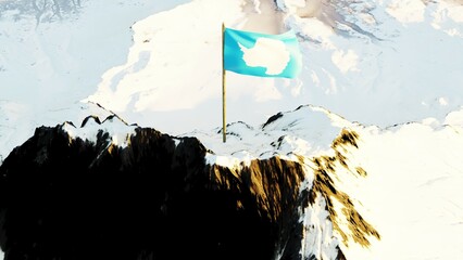 3D rendering of Antarctica's national flag featuring horizontal navy blue and white bands with a central white peak casting a shadow forming a compass arrow, symbolizing the continent's extreme enviro