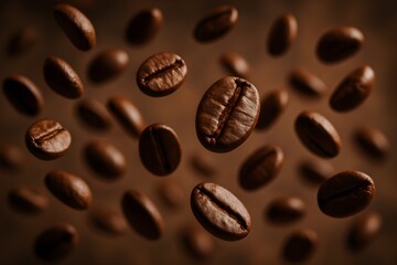 Roasted floating coffee beans in motion. Coffee background. Artistic composition of flying coffee beans with soft focus and moody lighting. Coffee time. Dark coffee. Coffee backdrop. Coffee template. 