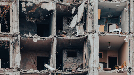 ruined street and destroyed houses in Ukraine