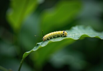 A vibrant green caterpillar resting on a leaf in a lush environment