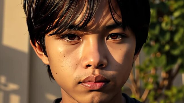 Young boy expressing calmness against a natural background  