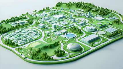 3D Model Of An Urban City Plan With Green Spaces And Buildings