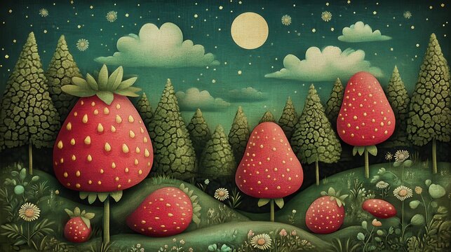 A whimsical night forest of giant strawberry trees.