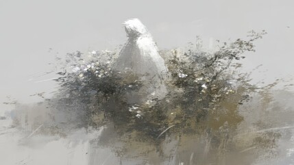 Ethereal Landscape with White Figure and Soft Floral Accents in a Dreamy Art Style