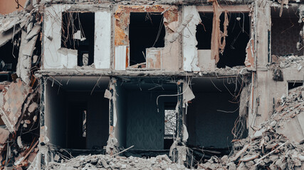 ruined street and destroyed houses in Ukraine
