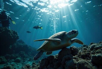 A graceful sea turtle glides through clear blue waters, surrounded by coral