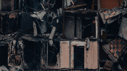 ruined street and destroyed houses in Ukraine