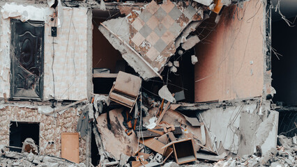 ruined street and destroyed houses in Ukraine