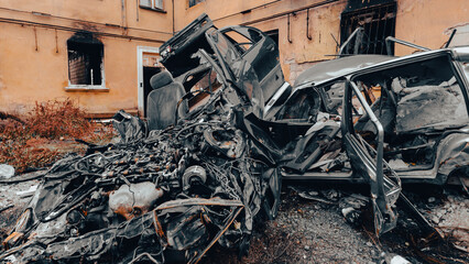 ruined street and destroyed houses in Ukraine