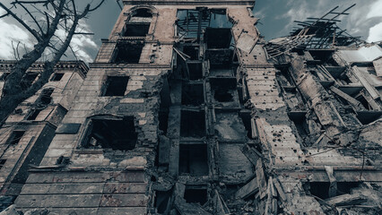 ruined street and destroyed houses in Ukraine