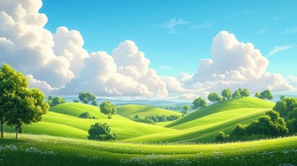 Fototapeta premium illustration of Summer fields landscape with a dawn,Rainbow, green grass hills, bright color blue sky, country background,banner resting vacation.