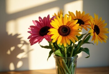 A vibrant bouquet of pink and yellow sunflowers in a glass vase
