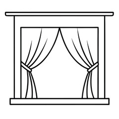  a vector line art illustration of curtains tied back, hanging from a window frame