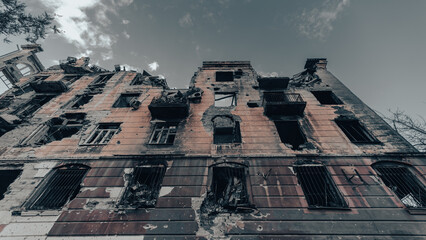 ruined street and destroyed houses in Ukraine