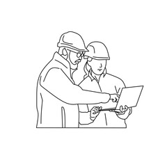 An illustration of Engineers Discussing Project with Laptop -  with line art style
