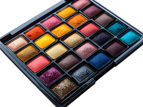 Makeup palette with multiple colors with cut out background, photorealistic image of beauty item for cosmetic branding and makeup artist tutorials