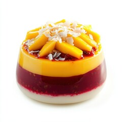 A delicate fruit-filled panna cotta with layers of raspberry gelÃ©e and passion fruit curd, 