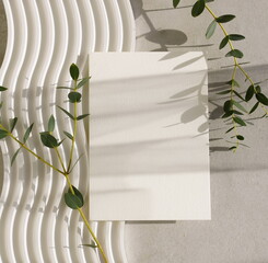 Card blank mockup, eucalyptus leaves frame, sunlight shadow top view on beige textured background . Copy space.Wedding invitation mockup, greeting card, holiday concept.